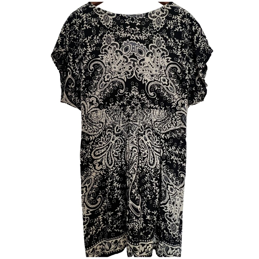 Angie Dress L Shirred Waist Peasant Summer Black Tan Mini - Picture 2 of 6